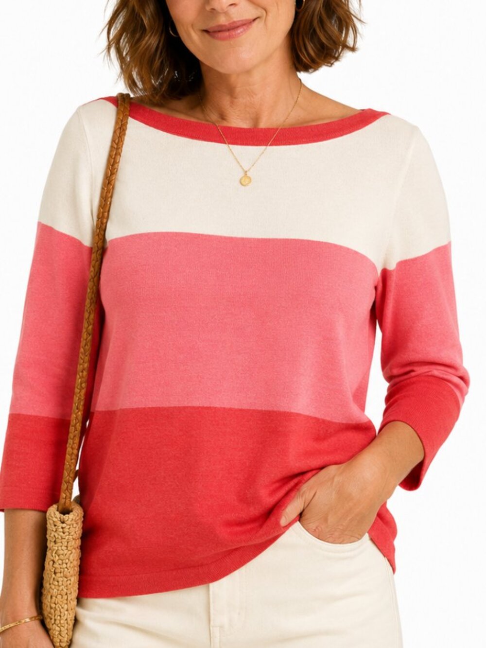 Jeanne Pierre Colorblock Cotton Sweater Large Pink Red White Boat Neck